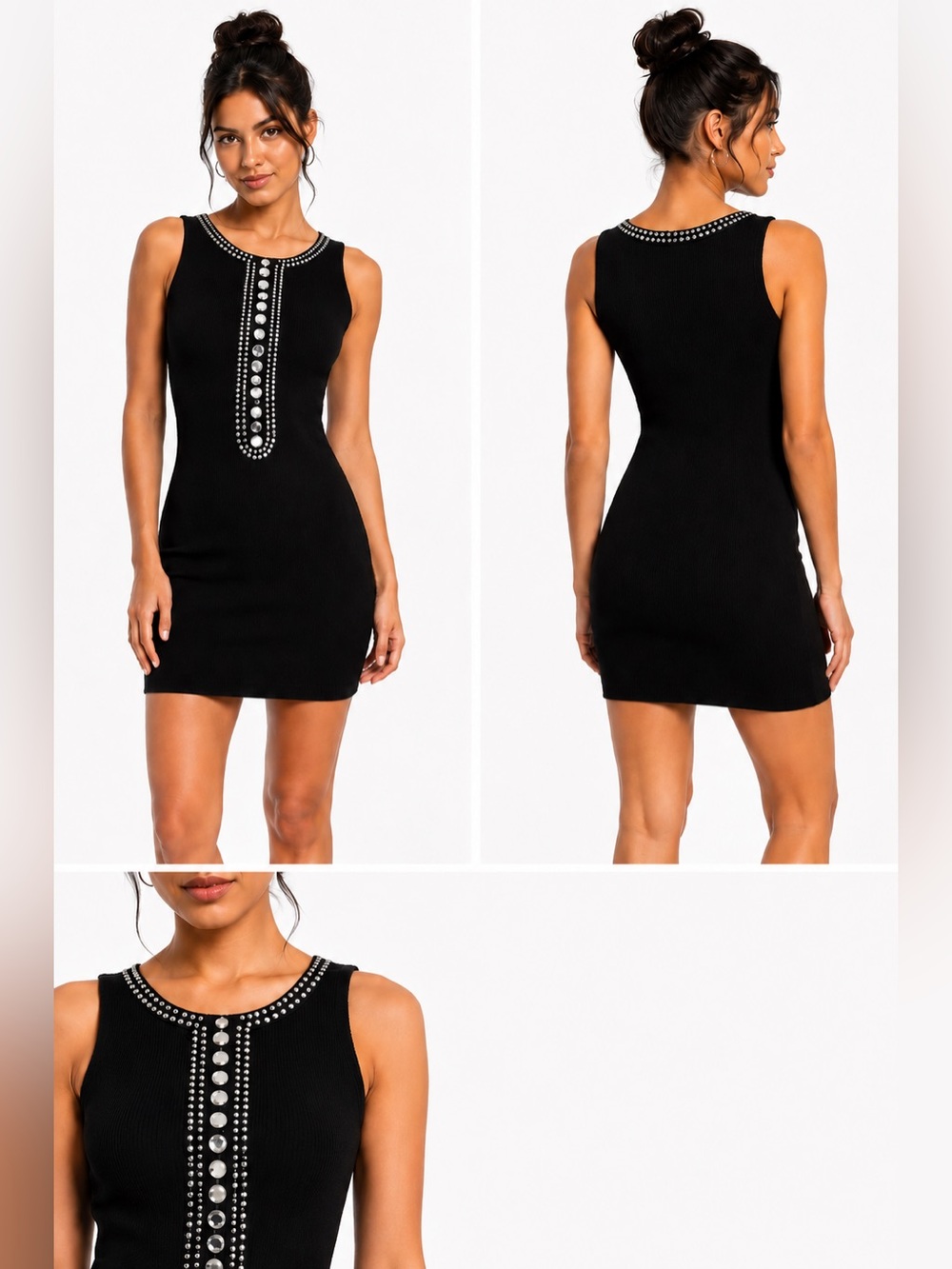 Nicole Miller Girl Black Stretch Knit Dress Lined Silver Studs Side Pockets Sz12